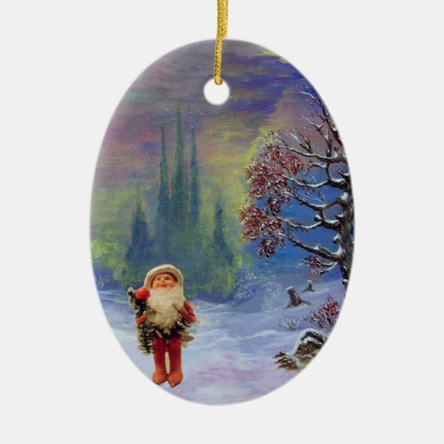 SANTA OF THE GNOMES, RED RUBY AND BLUE SAPPHIRE CERAMIC ORNAMENT (Front)