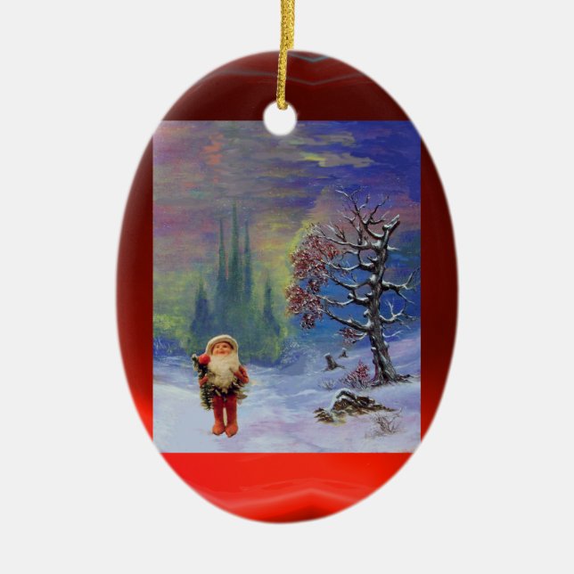 SANTA OF THE GNOMES WITH RED RUBY CERAMIC ORNAMENT (Front)