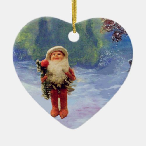 SANTA OF THE GNOMES WITH RED RUBY HEART CERAMIC ORNAMENT