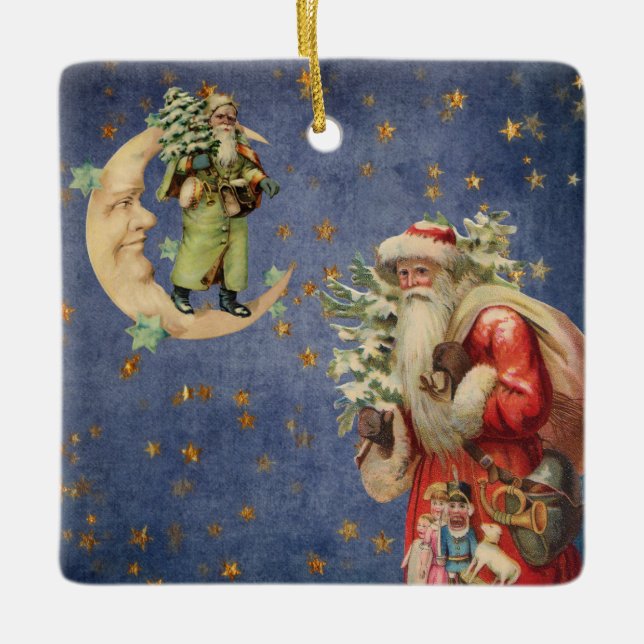 Santa on a Crescent Moon Ceramic Ornament (Front)