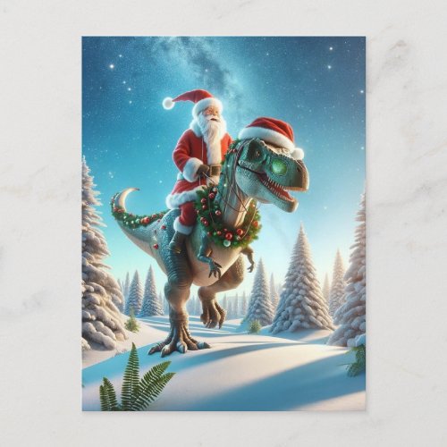  Santa on a dinosaur Christmas Holiday Postcard