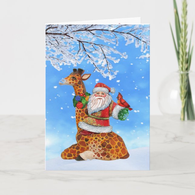 Santa on a Giraffe Christmas Holiday Card (Front)