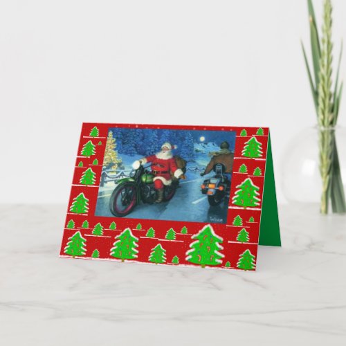 Santa on a motorcyclechrstmas trees holiday card