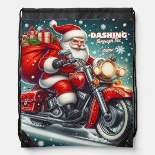 Santa on a motorcycle drawstring bag