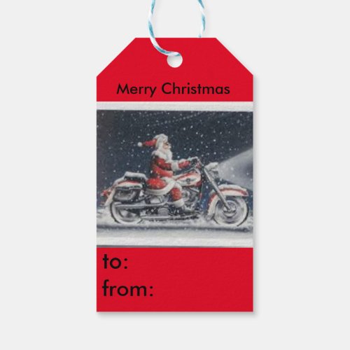 Santa on a motorcycle gift tag