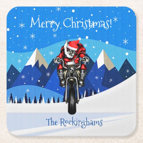 Santa on a Motorcycle in the Mountains Christmas   Square Paper Coaster