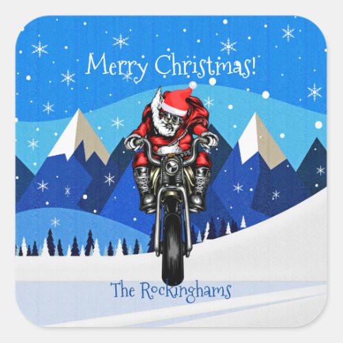 Santa on a Motorcycle in the Mountains Christmas   Square Sticker