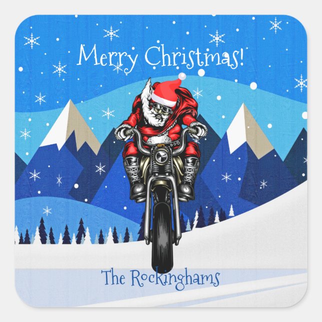 Santa on a Motorcycle in the Mountains Christmas   Square Sticker (Front)