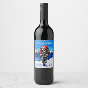 Santa on a Motorcycle in the Mountains Christmas Wine Label