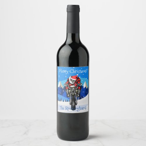 Santa on a Motorcycle in the Mountains Christmas  Wine Label