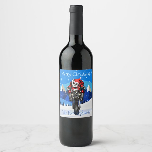 Santa on a Motorcycle in the Mountains Christmas  Wine Label (Front)