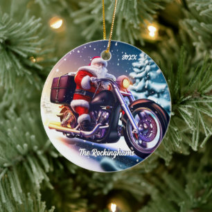Santa on a Motorcycle in the Snow Ceramic Ornament