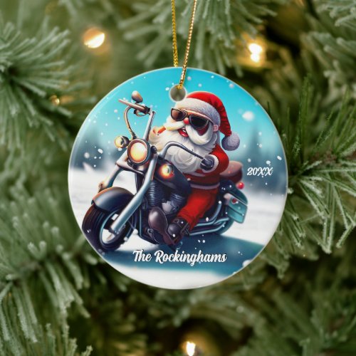 Santa on a Motorcycle in the Snow Ceramic Ornament