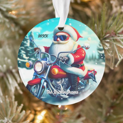 Santa on a Motorcycle in the Snow Ornament