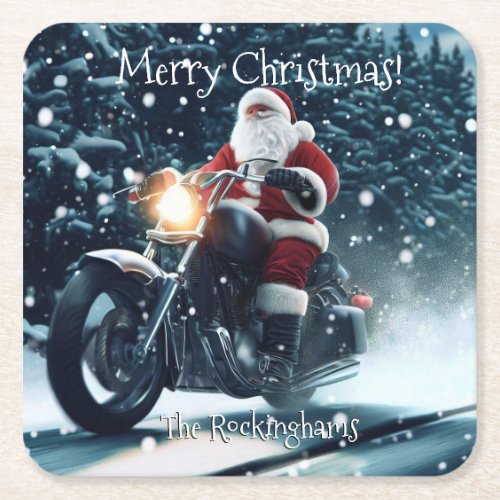 Santa on a Motorcycle in the Snow Square Paper Coaster
