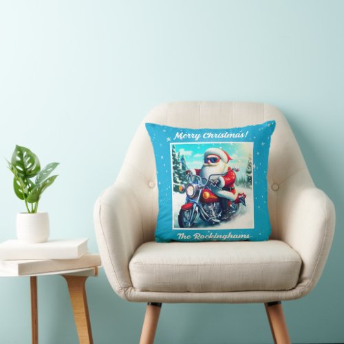 Santa on a Motorcycle in the Snow Throw Pillow