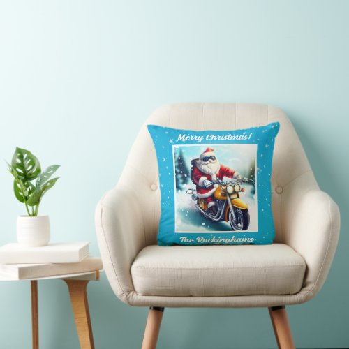 Santa on a Motorcycle in the Snow Throw Pillow