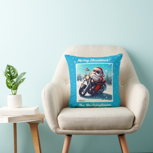 Santa on a Motorcycle in the Snow Throw Pillow