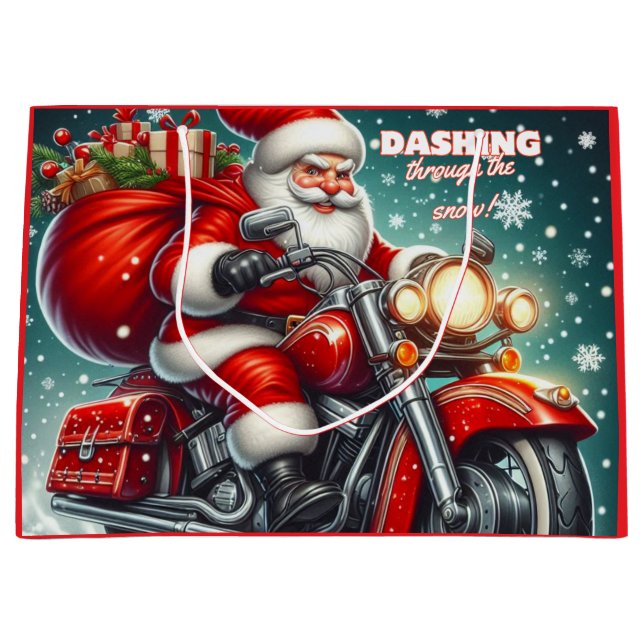 Santa on a motorcycle large gift bag (Front)