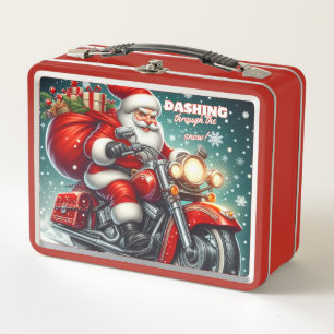 Santa on a motorcycle metal lunch box