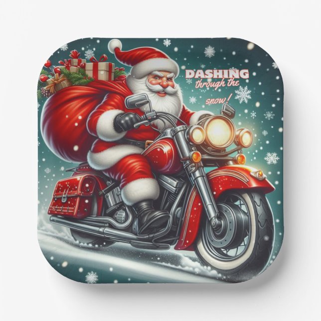 Santa on a motorcycle paper plates (Front)