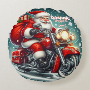 Santa on a motorcycle round pillow