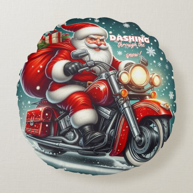 Santa on a motorcycle round pillow (Front)