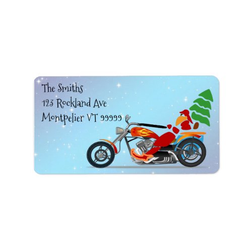 Santa on a Motorcycle with Tree Christmas label