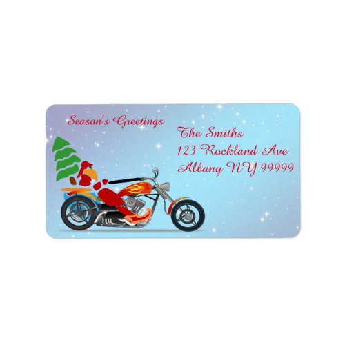Santa on a motorcycle with tree label