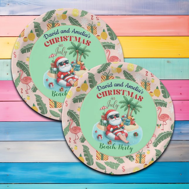 Santa on a Tropical Island Christmas in July Party Paper Plates (Creator Uploaded)