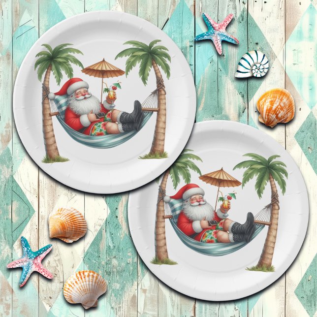 Santa on a Tropical Island Christmas Paper Plates (Creator Uploaded)