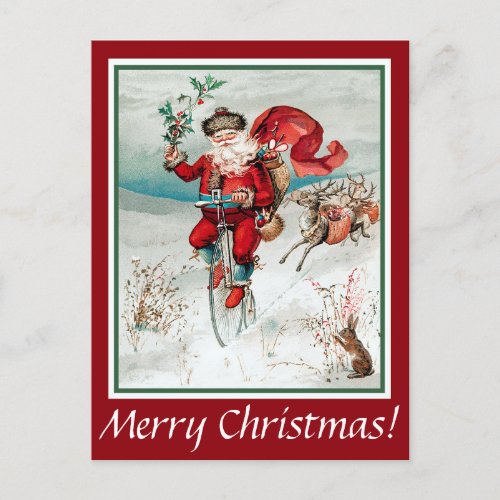 Santa on Bicycle with Rabbit and Reindeer Postcard