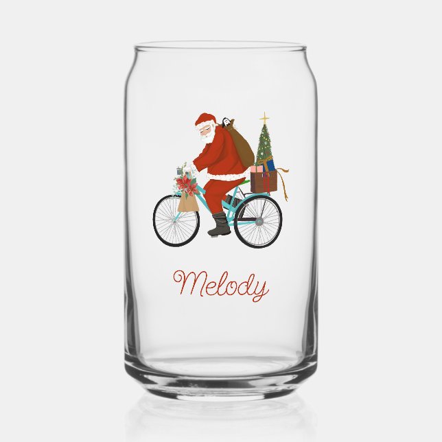 Santa On Bike Kids Personalized Milk Christmas  Can Glass (Front)
