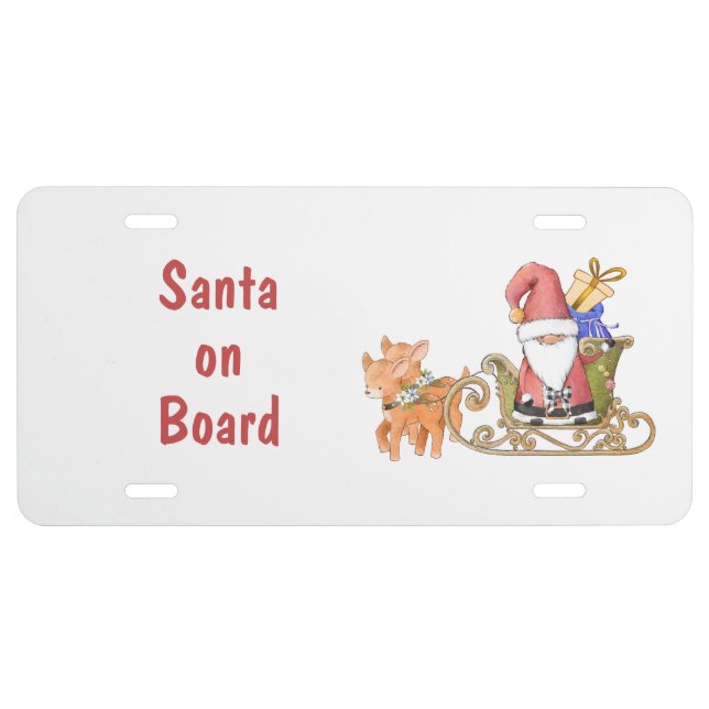 Santa on Board Christmas Reindeer Sleigh Custom  License Plate (Front)