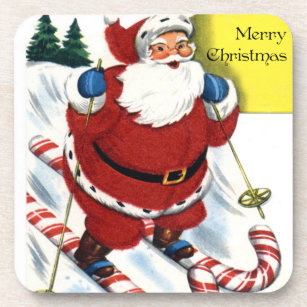 Santa on Candy Cane Skiis Set of Cork Coasters