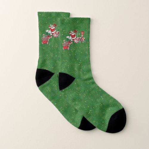Santa on Candy Christmas Train Dark Green Socks