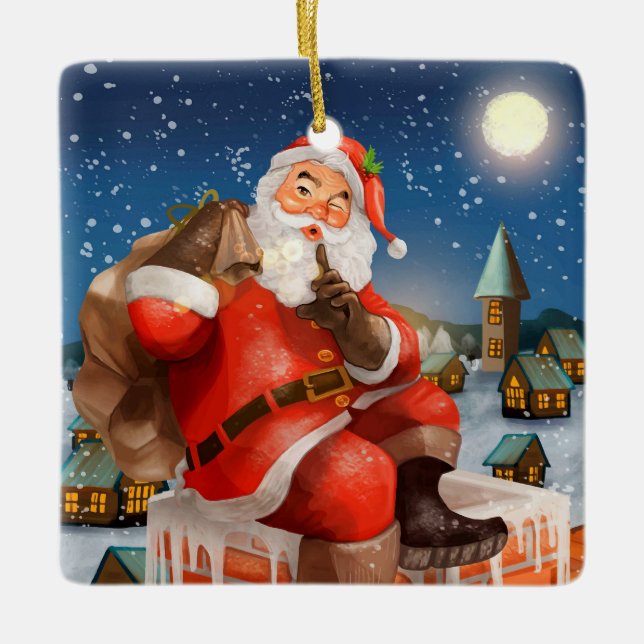 Santa on Chimney Ceramic Ornament (Front)