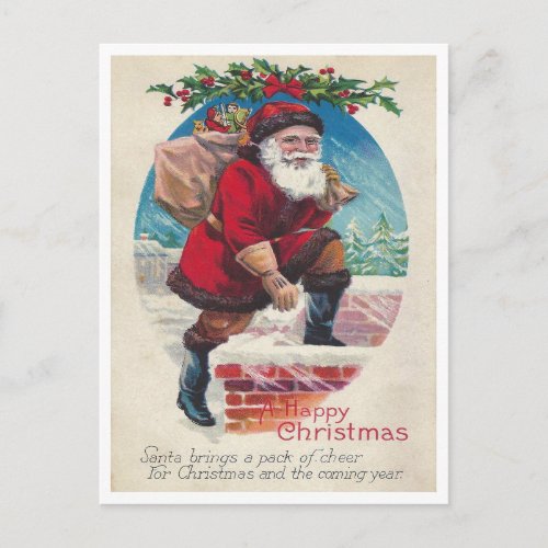 Santa on Chimney Vintage Happy Christmas Postcard