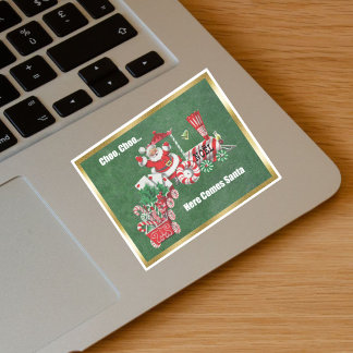 Santa on Christmas Train Candy Canes Gold Border Sticker