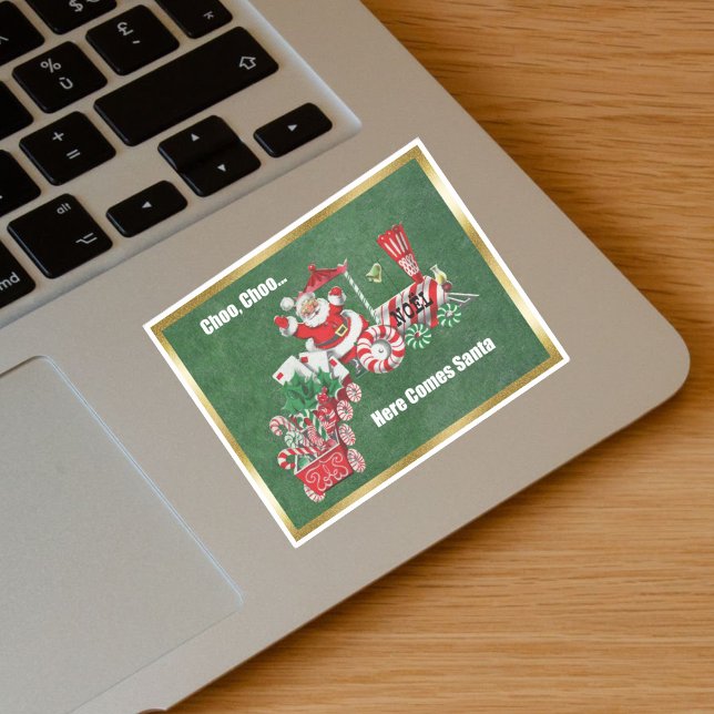 Santa on Christmas Train Candy Canes Gold Border Sticker (Santa Riding Christmas Train Candy canes, letters on green with gold border vinyl sticker.)