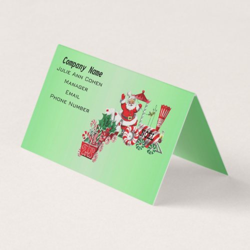 Santa on Christmas Train Candy Wheels Letter Green Business Card