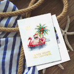 Santa on Flamingo Pool Floatie Christmas Foil Holiday Card<br><div class="desc">Santa Claus wearing sunglasses and his usual red hat,  sitting on a flamingo pool floatie in the tropical ocean with an island behind him,  sending warm Christmas wishes.  A palm tree on the island has reddish brown coconuts.   Real foil text on front,  and photo template on back.</div>