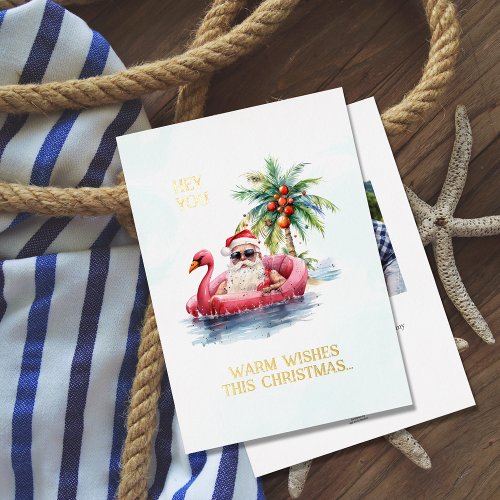 Santa on Flamingo Pool Floatie Christmas Foil Holiday Card