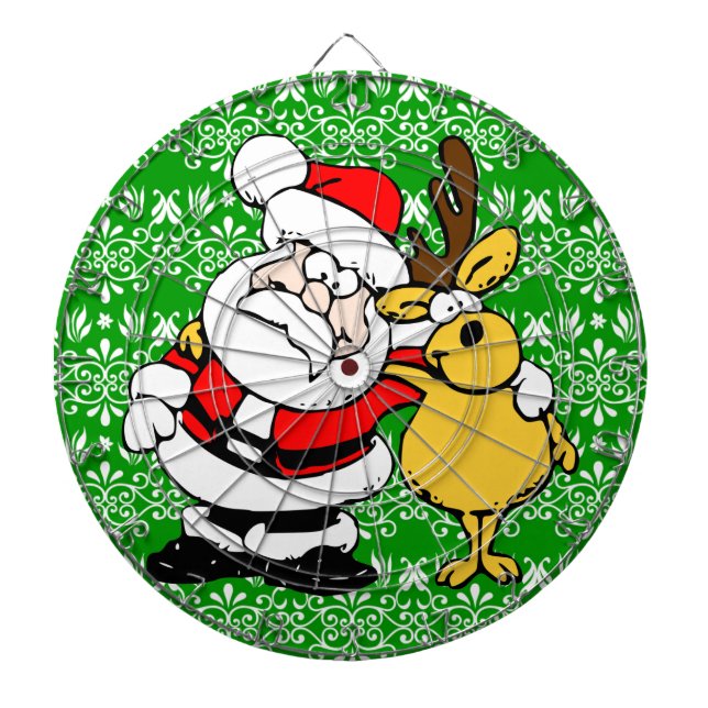 Santa on Green Background Dartboard With Darts (Front)
