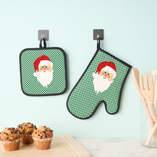 Santa on Green Gingham Checks Design Oven Mitt & Pot Holder Set (Insitu(Hanging))