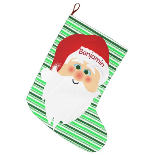 Santa on Green White Stripes Christmas Stocking