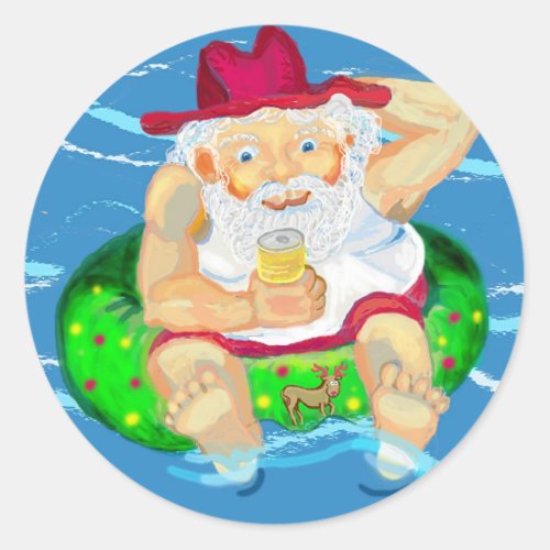 Santa on holidays classic round sticker