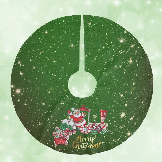 Santa on Merry Christmas Train Letters Green stars Brushed Polyester Tree Skirt (Santa riding Merry Christmas train with candy letters on green with gold twinkle stars tree skirt.)