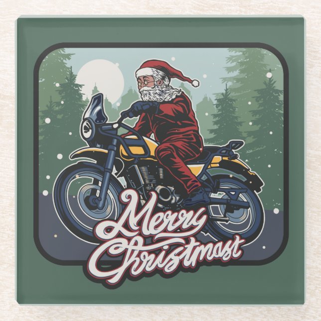 Santa on Motorcycle Glass Coaster (Front)