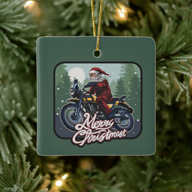 Santa on Motorcycle Personalized Ceramic Ornament (Tree)
